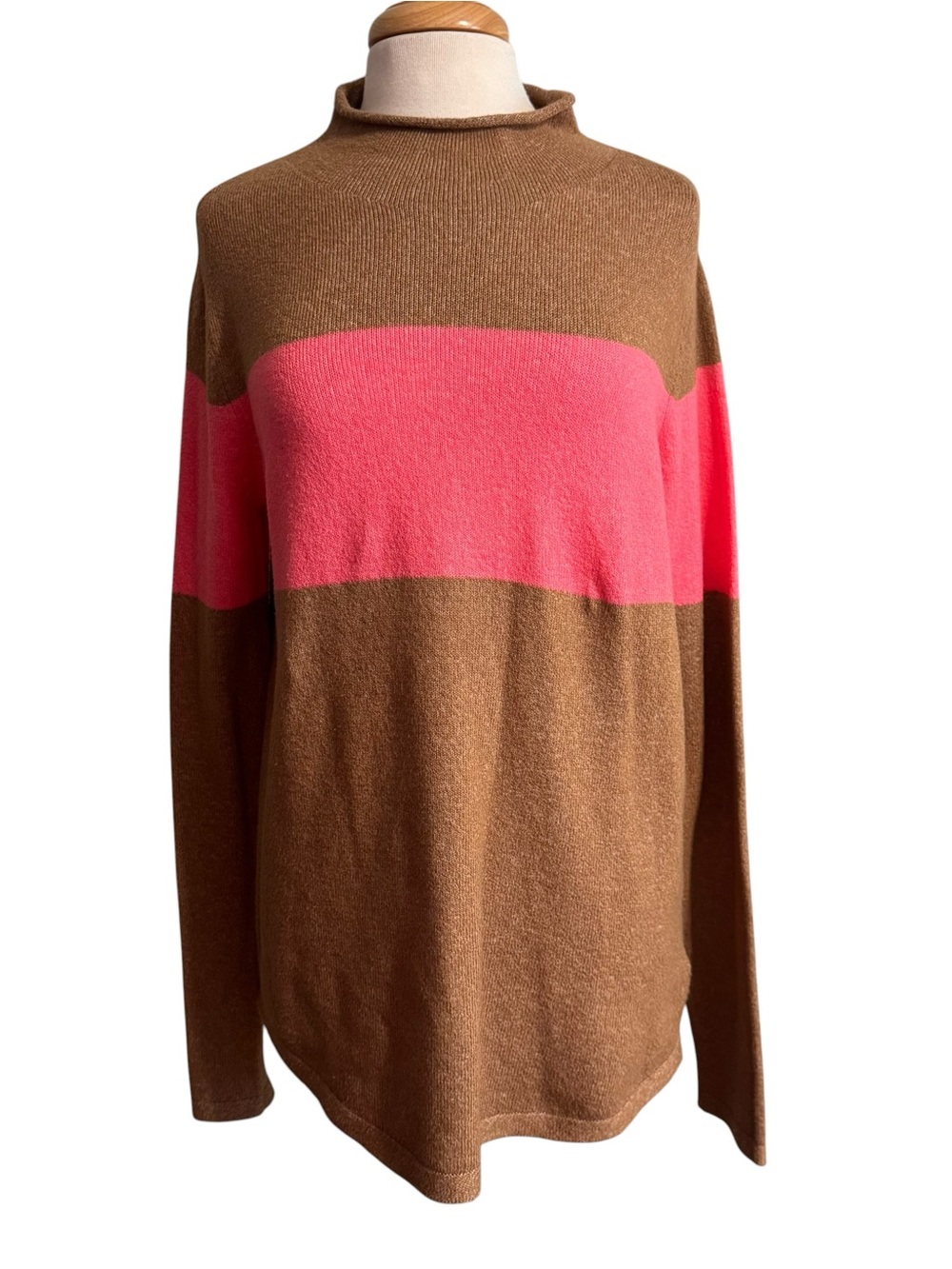 Old Navy Camel and Hot Pink Color Block Roll Neck Sweater Medium Tall